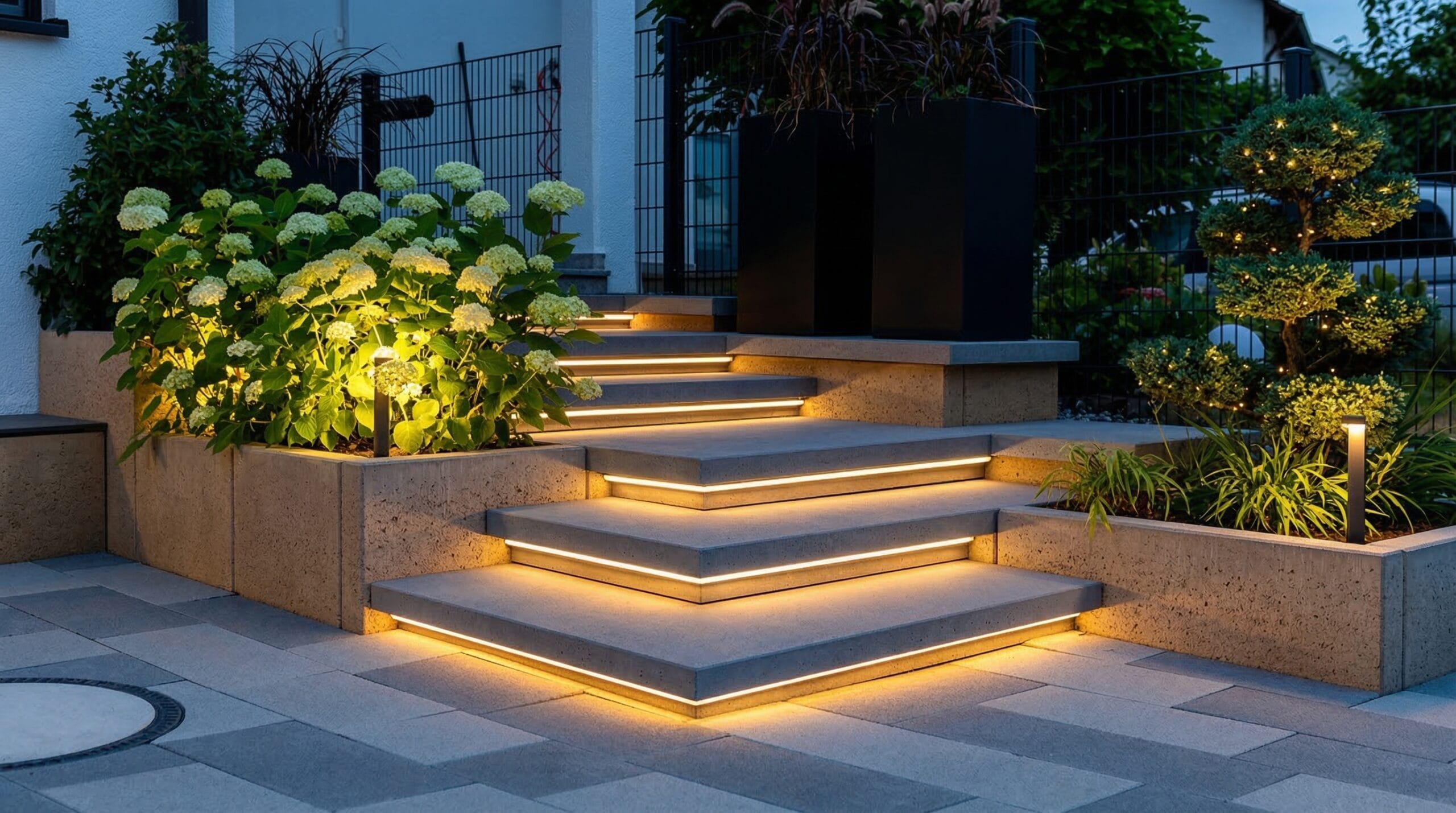 Beleuchtete Gartentreppe in Stuttgart mit moderner LED Treppenbeleuchtung für Sicherheit und Design