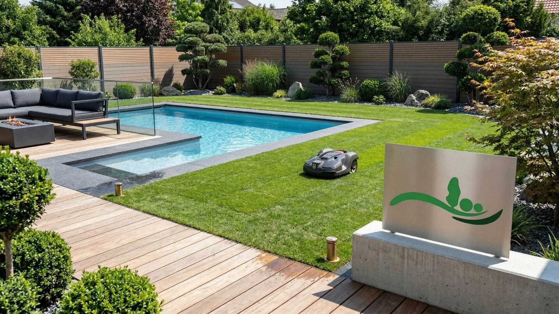 Garten mit modernen Gartenmöbeln und L-förmigem Pool im Garten- und Landschaftsbau in Stuttgart-Degerloch
