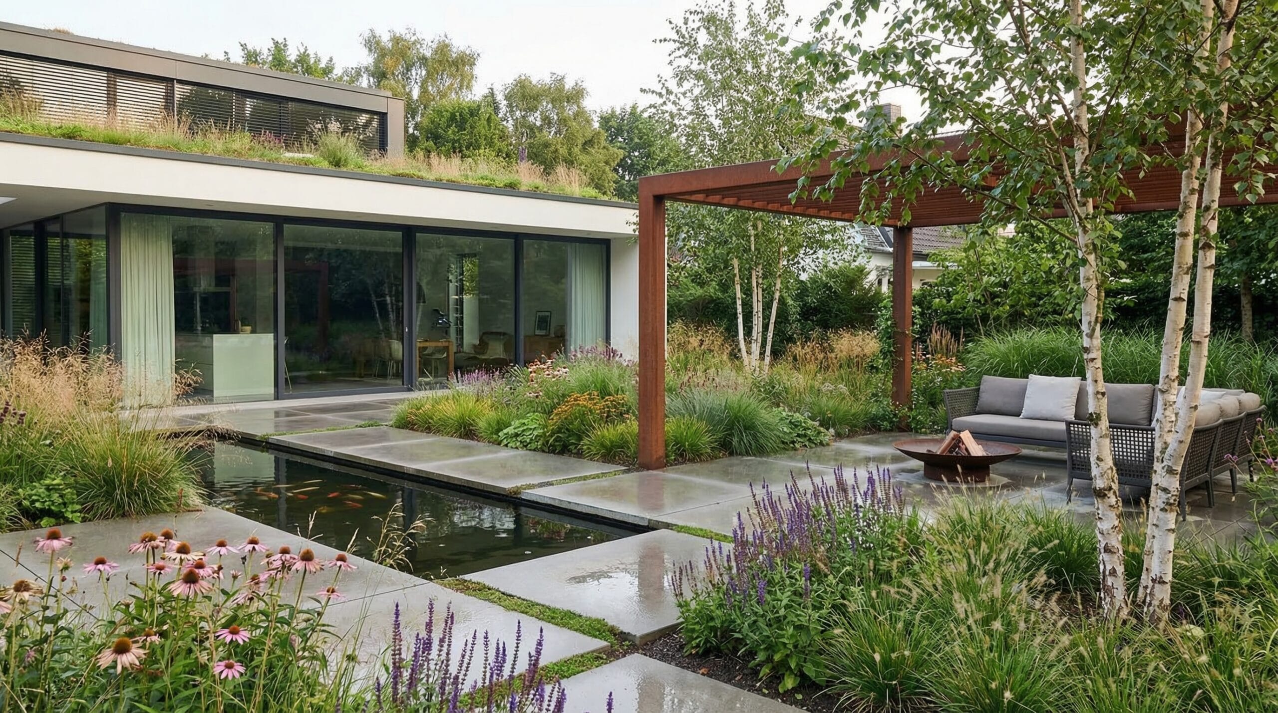 Luxuriöser Garten mit edlen Terrassenplatten, Holzpavillon, Fischteich und vielfältiger Bepflanzung im Garten- und Landschaftsbau in Stuttgart-Sillenbuch
