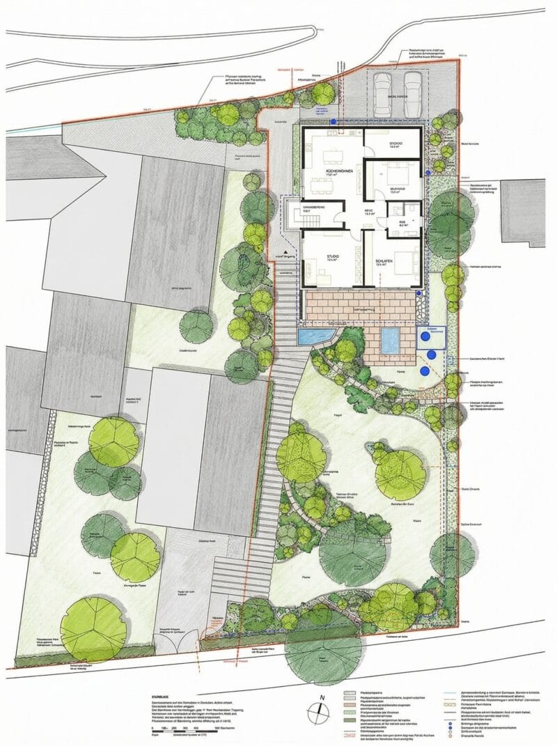 Moderne CAD Gartenplanung in Stuttgart mit realistischer 3D Darstellung von Gartenstrukturen und Außenanlagen