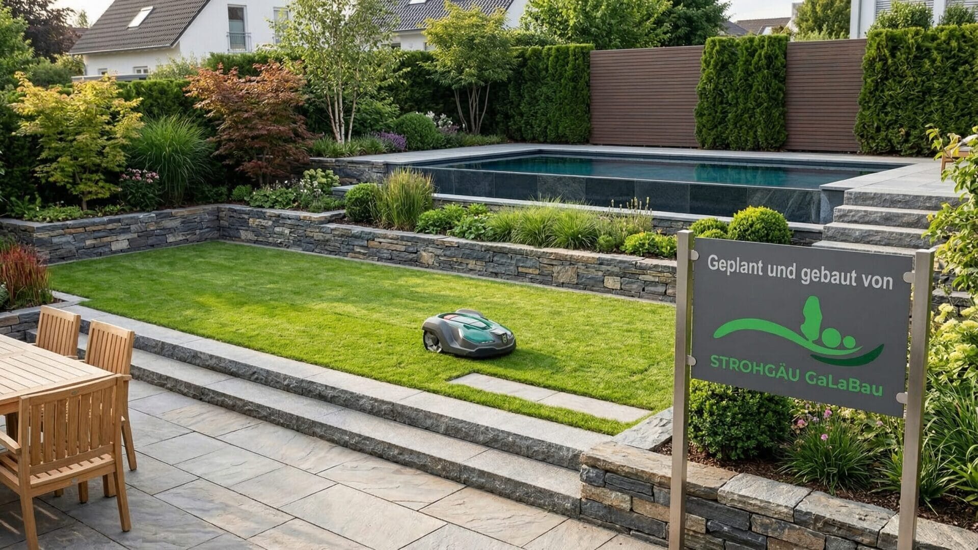 Moderner Garten mit Pool, Natursteingestaltung und Rasenfläche im Garten- und Landschaftsbau in Gerlingen