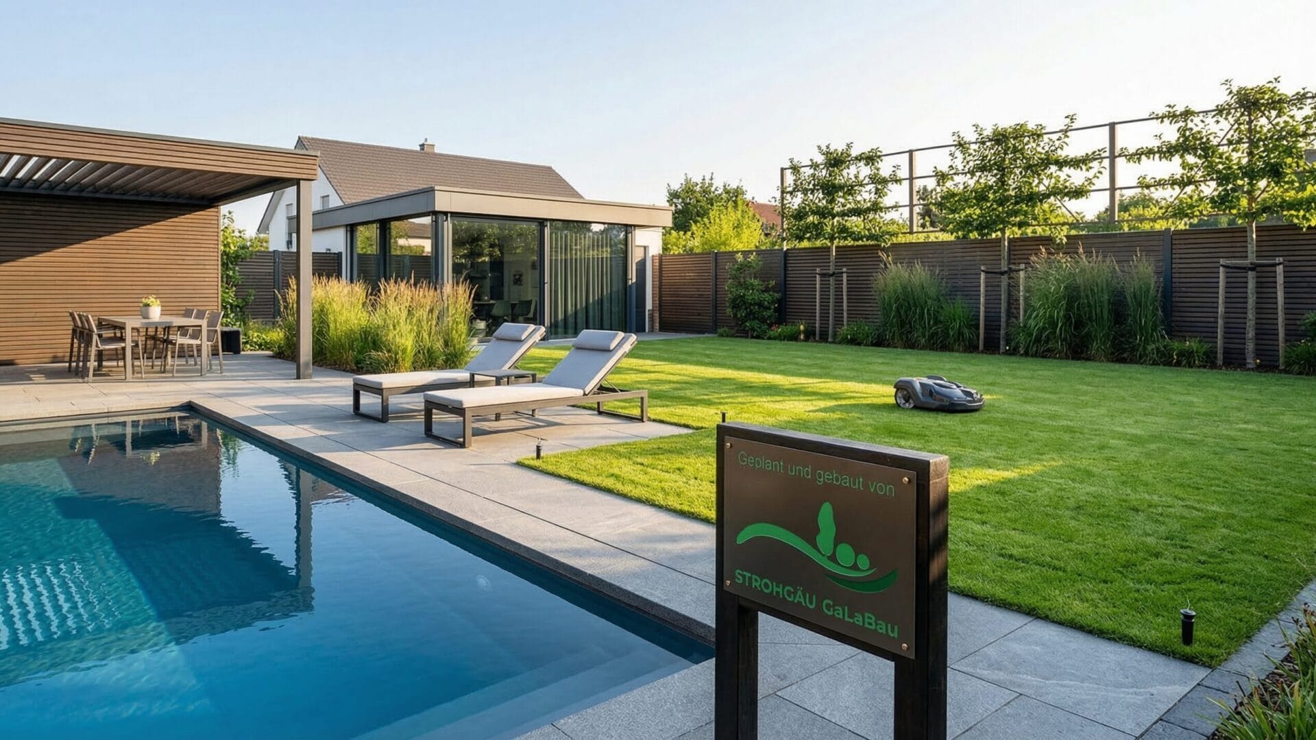 Zeitlos gestalteter Garten mit Pool, Rasenfläche und Zaun im Garten- und Landschaftsbau in Weil der Stadt