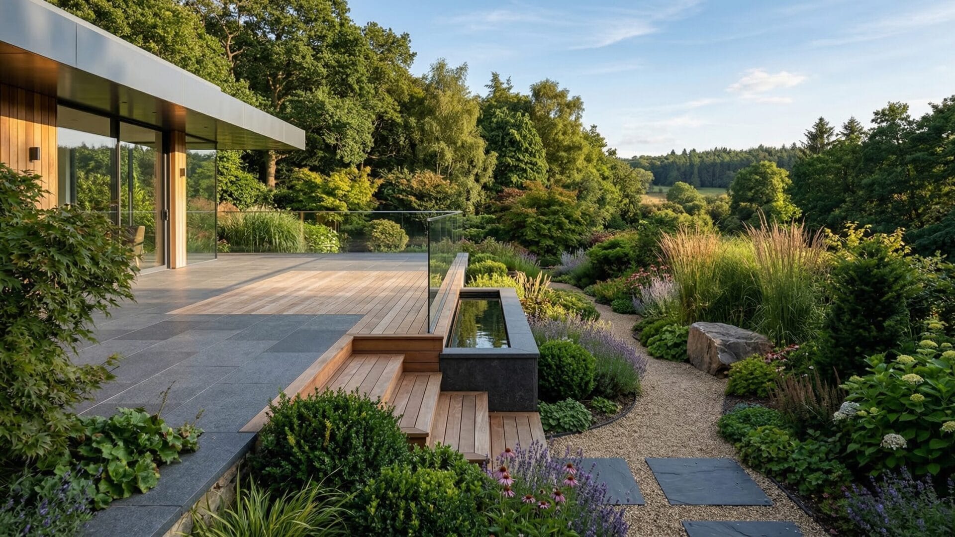 Garten eines Ferienhauses mit Holztreppe, Wasserspiel, Glasgeländer und vielfältiger Bepflanzung im Gartenbau in Heimsheim