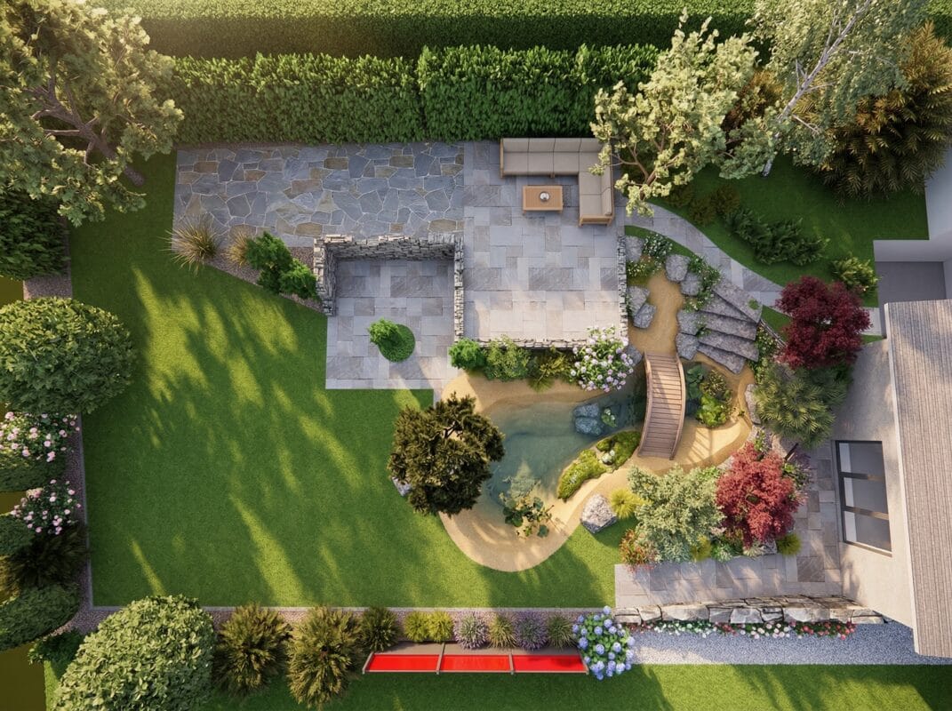 Fotorealistische 3D Gartenvisualisierung in Stuttgart mit moderner Planung von Terrasse, Garten und Außenanlage