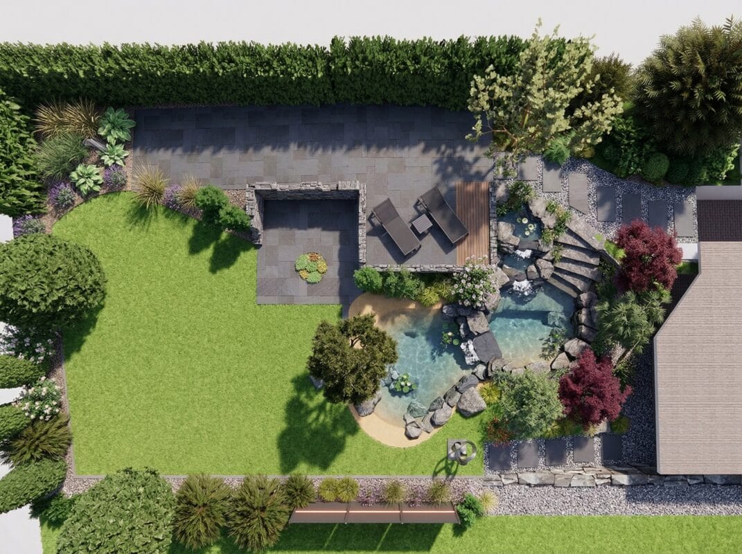 Detaillierte Gartenvisualisierung in Stuttgart mit moderner Planung von Außenbereichen, Wegen und Bepflanzung