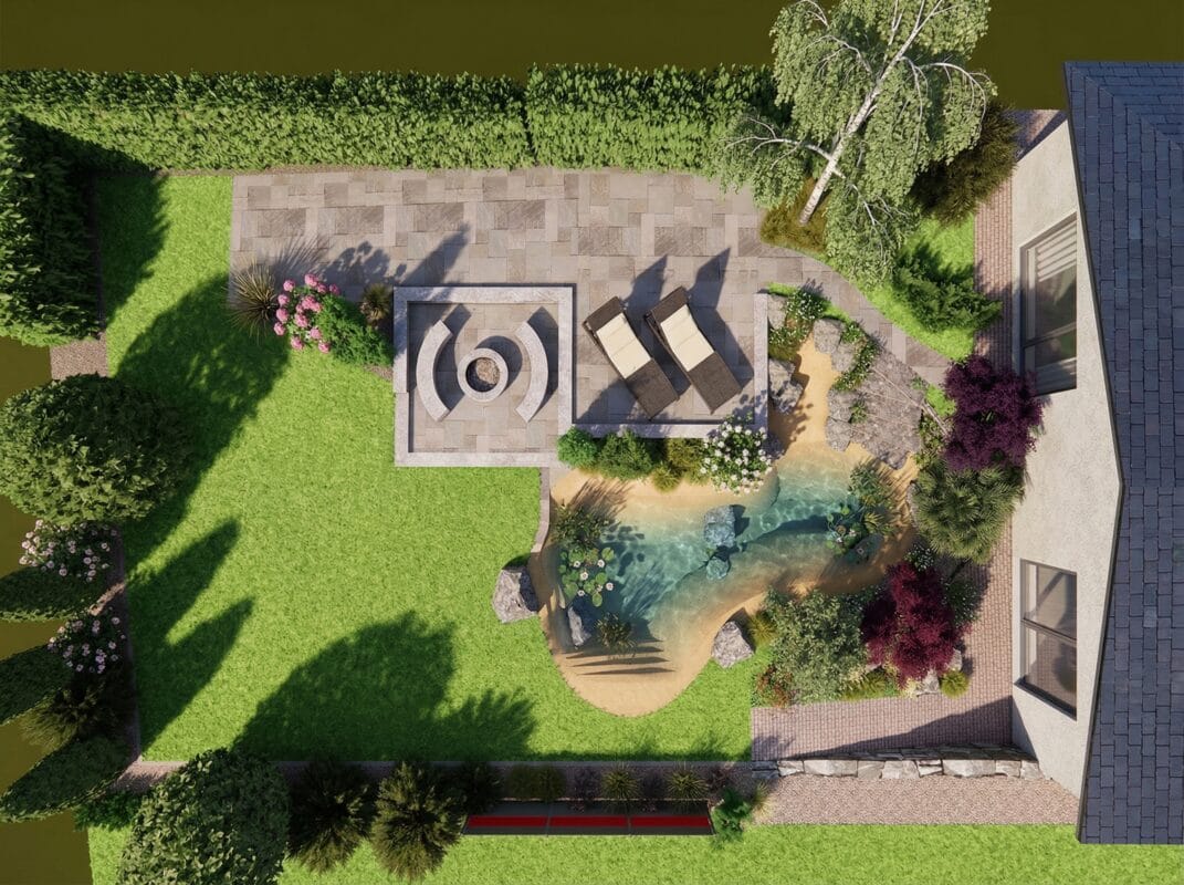Gartenplanung in Stuttgart mit 3D Visualisierung eines modernen Gartens mit strukturierter Gestaltung und Außenanlage