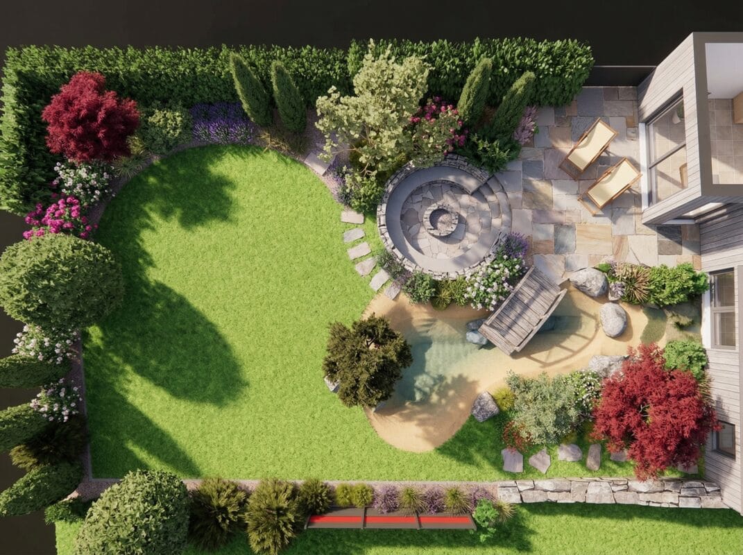Moderne 3D Gartenplanung in Stuttgart mit realistischer Visualisierung von Terrasse, Wegen und Bepflanzung