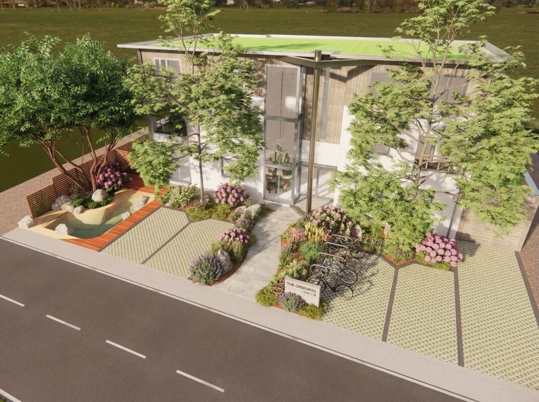 3D Visualisierung eines geplanten Gartens in Stuttgart mit moderner Gartengestaltung, Terrasse und Bepflanzung