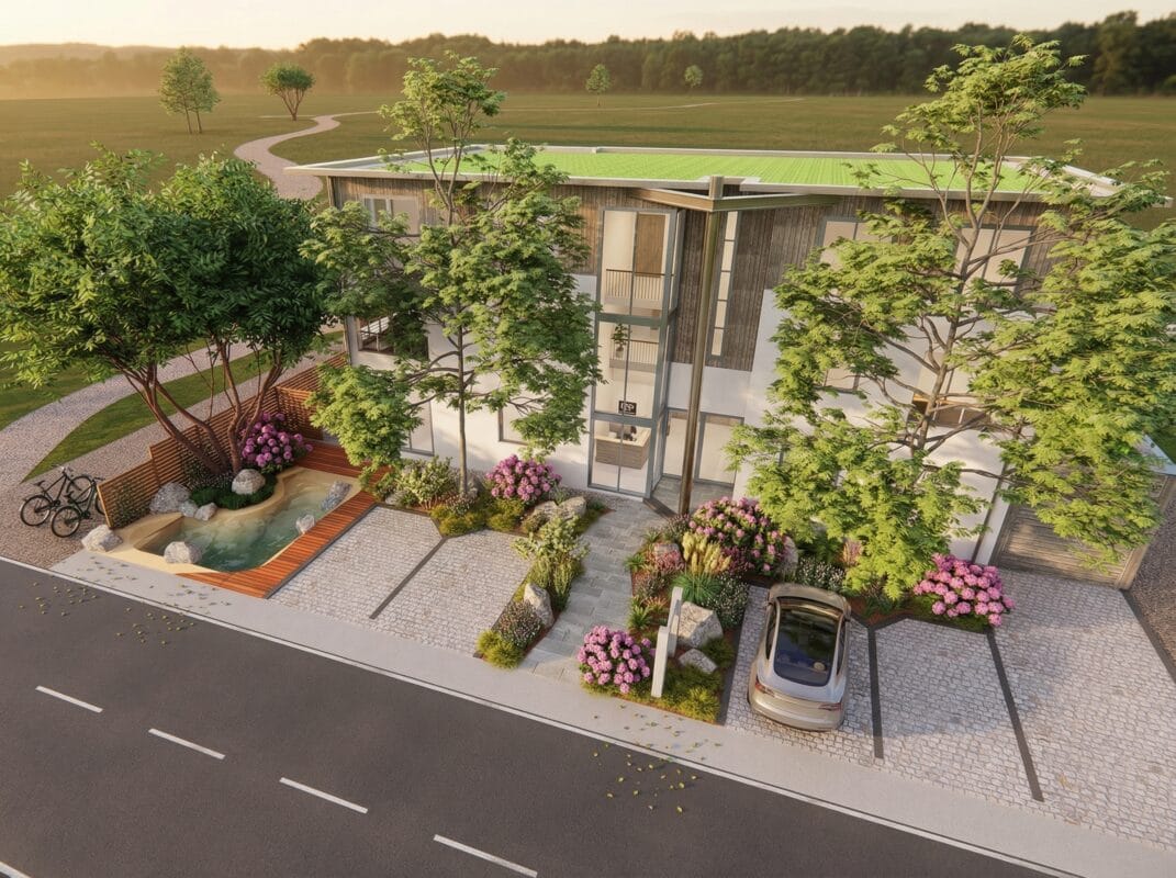 3D Visualisierung eines geplanten Gartens in Stuttgart mit moderner Gartengestaltung und Außenanlage