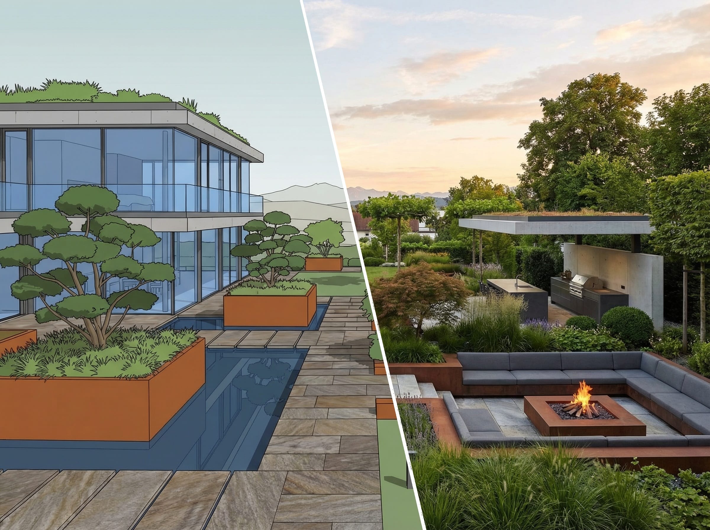Foto mit CAD-Gartenplanung und fertig umgesetztem Garten