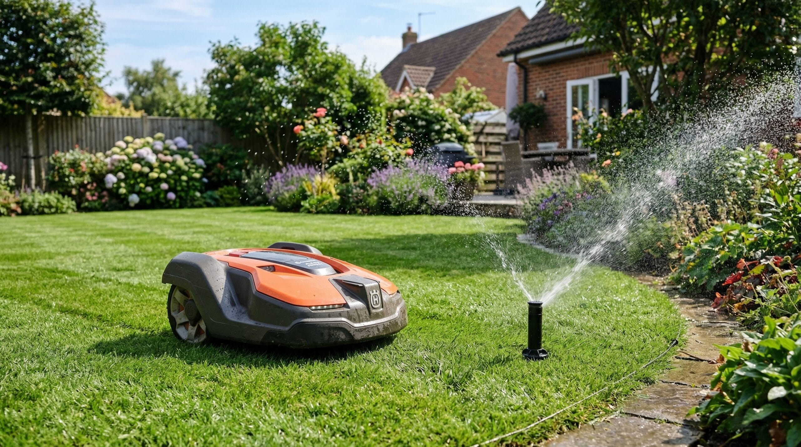Automatisierte Gartentechnik in Stuttgart mit Rasenroboter, Bewässerungssystem und moderner Gartenbeleuchtung