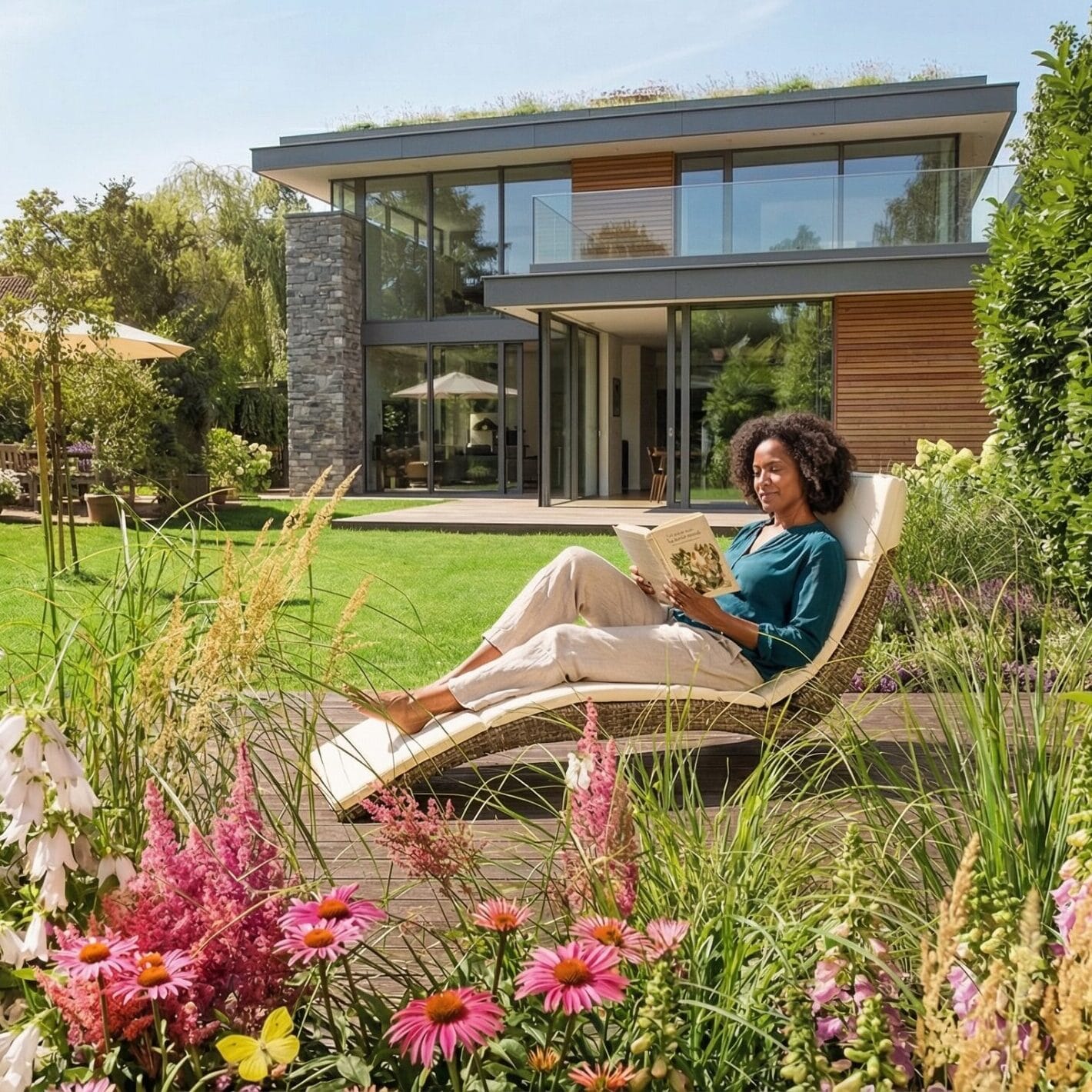 Frau entspannt in einem modern gestalteten und gepflegten Garten von STROHGÄU GaLaBau aus Stuttgart.